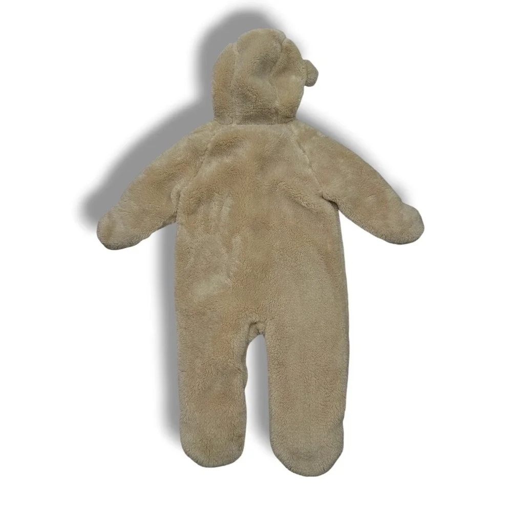 L.L.Bean Fleece Bunting Baby 3-6M‎ Tan Hi-Pile Sherpa Bear Ear Hooded Snowsuit